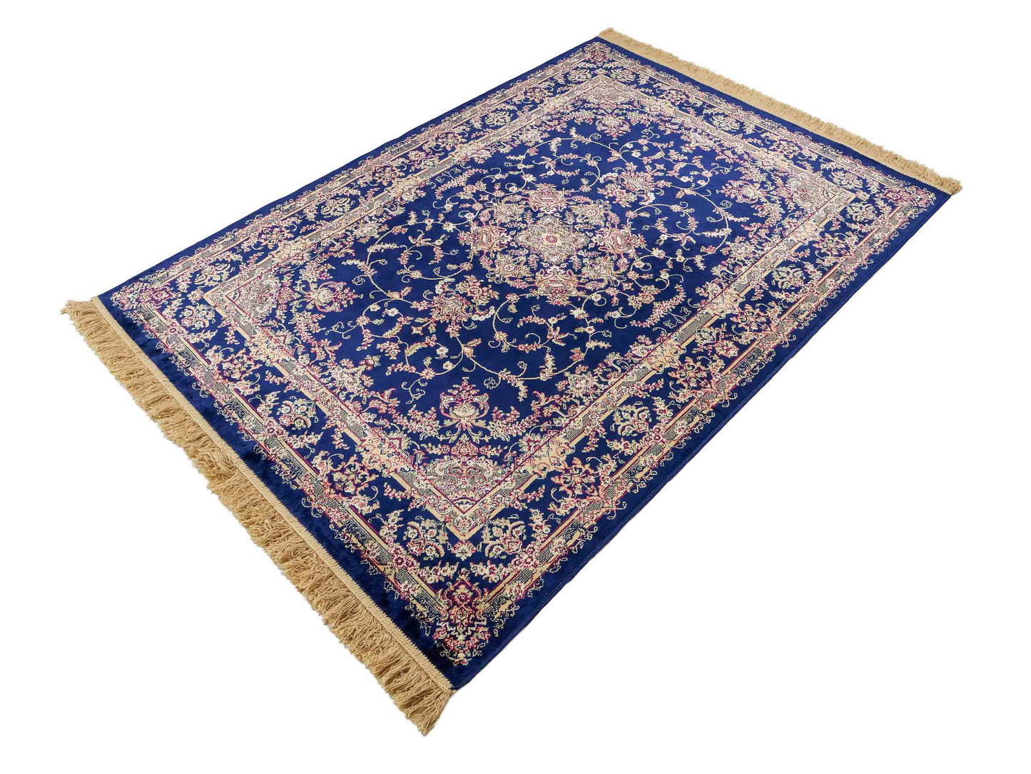 Belgischer, maschinell gefertigter Design Orientteppich aus Kunstseide, blau. 172x118 cm. Verkauf durch Jupiter Intl.