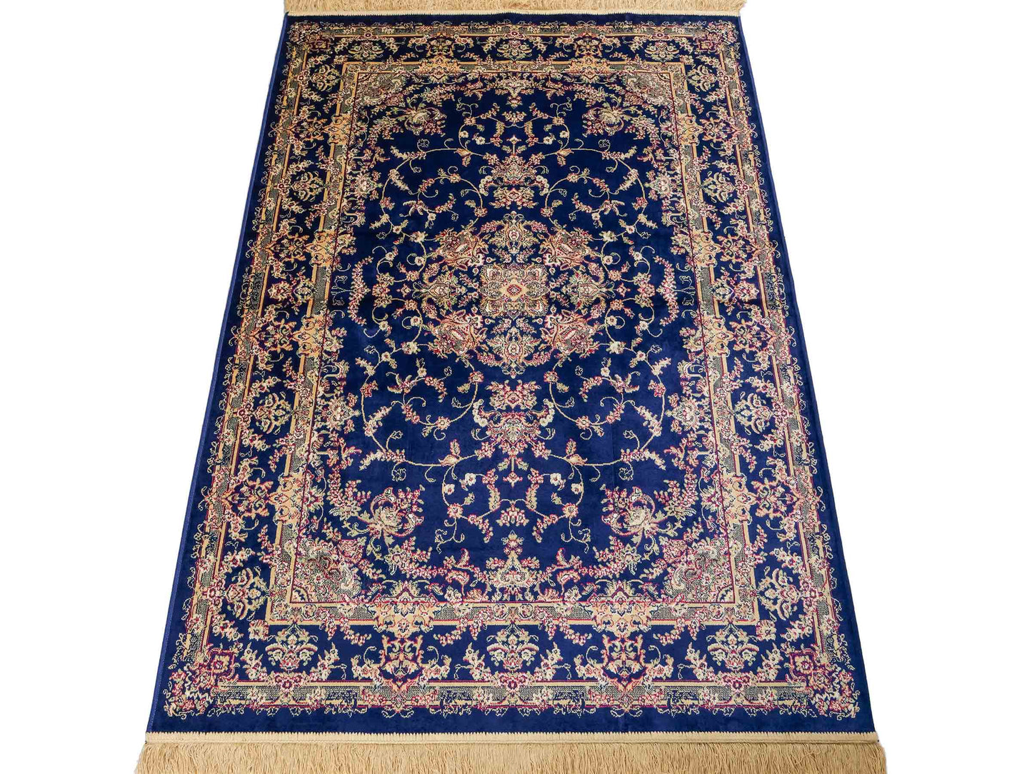 Belgischer, maschinell gefertigter Design Orientteppich aus Kunstseide, blau. 172x118 cm. Verkauf durch Jupiter Intl.