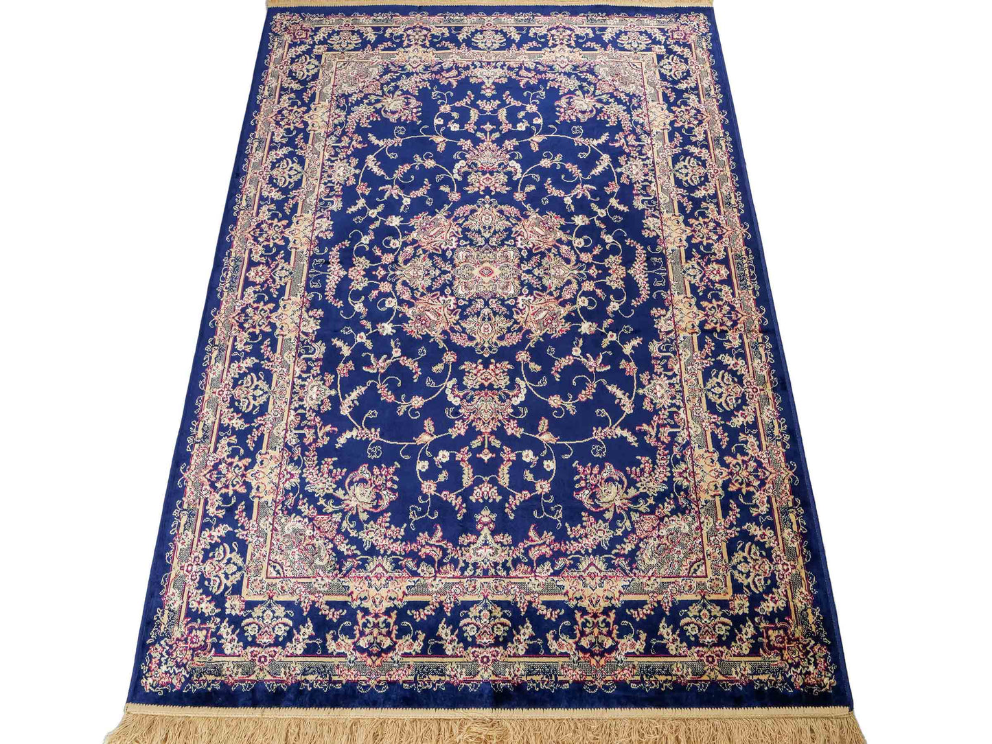 Belgischer, maschinell gefertigter Design Orientteppich aus Kunstseide, blau. 172x118 cm. Verkauf durch Jupiter Intl.