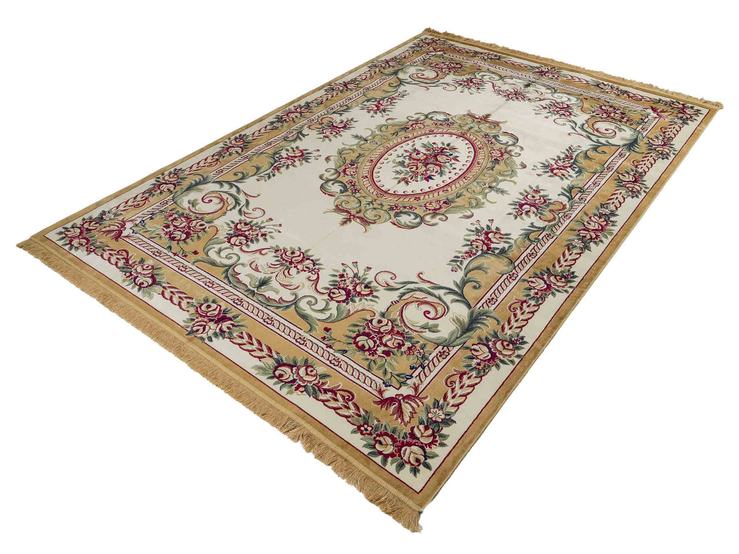 Belgischer, maschinell gefertigter Design Orientteppich aus Kunstseide, creme, weiß. 275x185 cm. Verkauf durch Jupiter Intl.