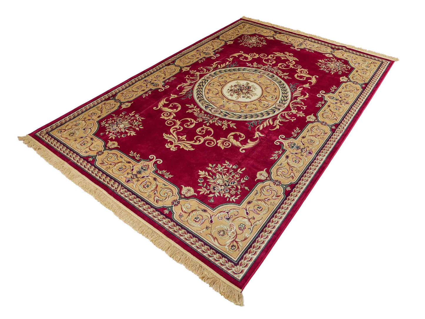 Belgischer, maschinell gefertigter Design Orientteppich aus Kunstseide, rot. 275x185 cm. Verkauf durch Jupiter Intl.