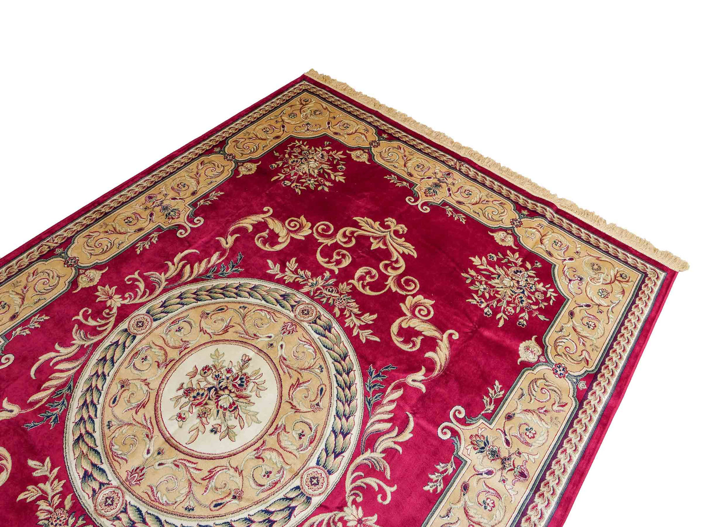 Belgischer, maschinell gefertigter Design Orientteppich aus Kunstseide, rot. 275x185 cm. Verkauf durch Jupiter Intl.