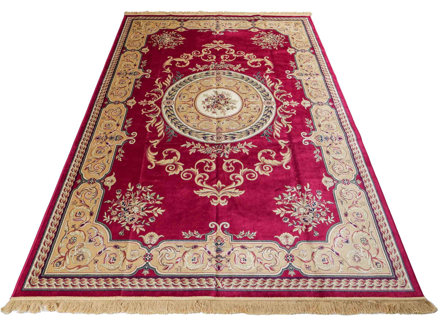 Belgischer, maschinell gefertigter Design Orientteppich aus Kunstseide, rot. 275x185 cm. Verkauf durch Jupiter Intl.