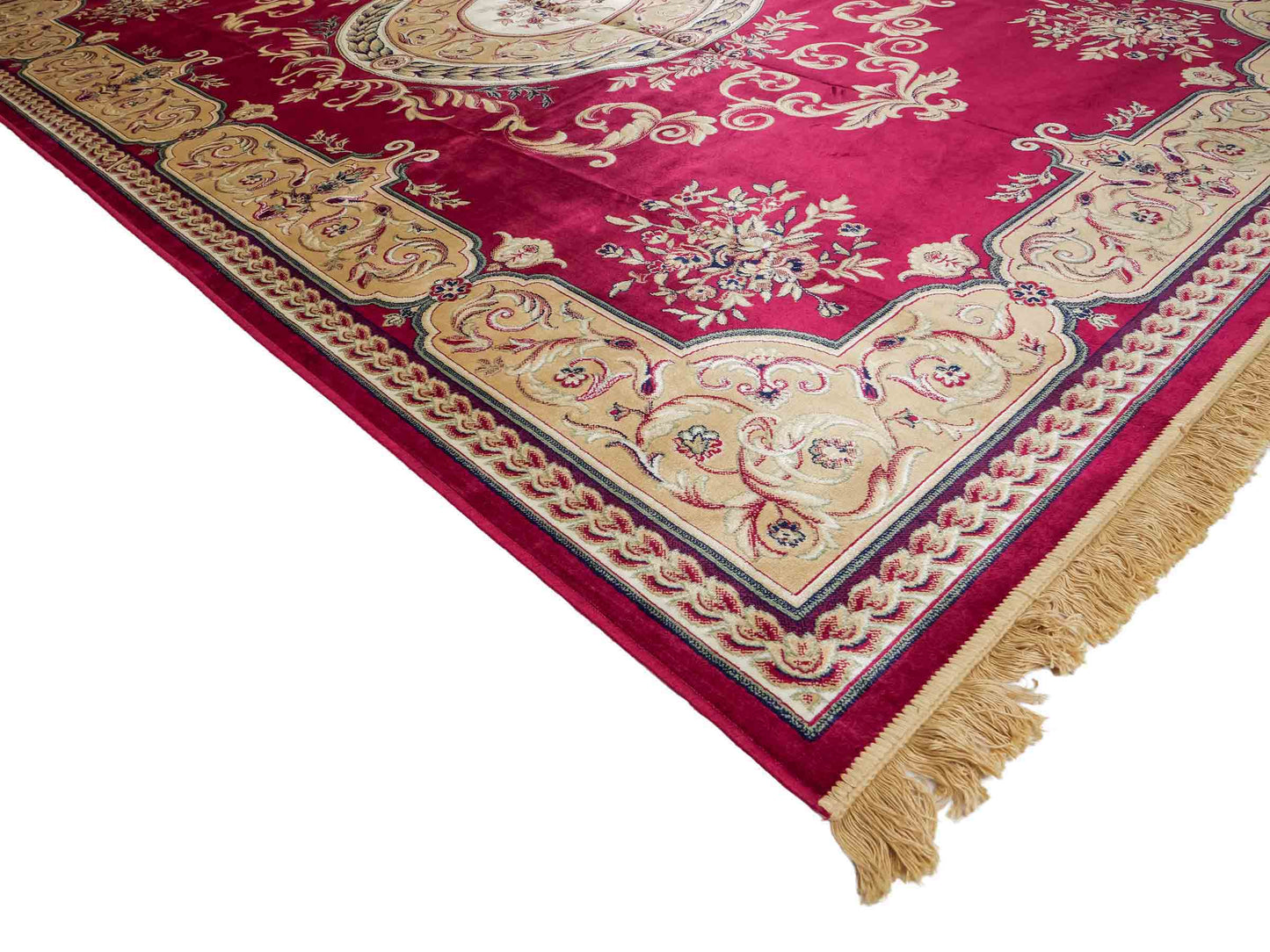 Belgischer, maschinell gefertigter Design Orientteppich aus Kunstseide, rot. 275x185 cm. Verkauf durch Jupiter Intl.