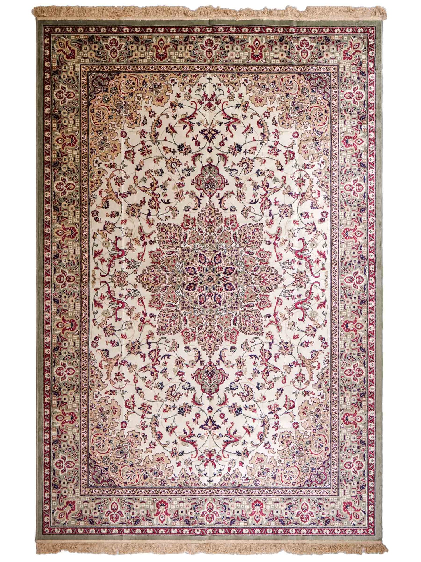Belgischer, maschinell gefertigter Design Orientteppich aus Kunstseide, grün, creme. 275x185 cm. Verkauf durch Jupiter Intl.