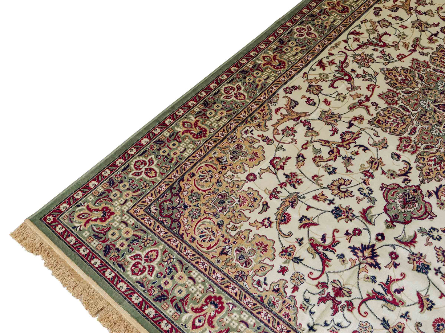 Belgischer, maschinell gefertigter Design Orientteppich aus Kunstseide, grün, creme. 275x185 cm. Verkauf durch Jupiter Intl.