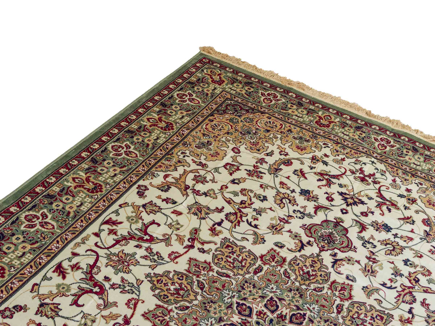 Belgischer, maschinell gefertigter Design Orientteppich aus Kunstseide, grün, creme. 275x185 cm. Verkauf durch Jupiter Intl.