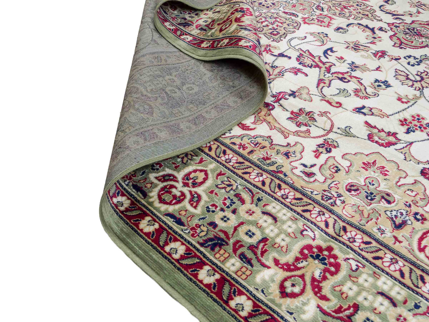 Belgischer, maschinell gefertigter Design Orientteppich aus Kunstseide, grün, creme. 275x185 cm. Verkauf durch Jupiter Intl.