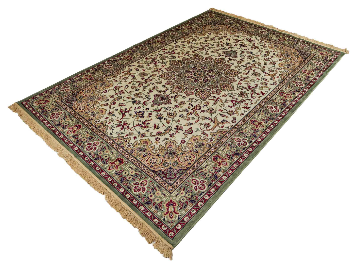 Belgischer, maschinell gefertigter Design Orientteppich aus Kunstseide, grün, creme. 275x185 cm. Verkauf durch Jupiter Intl.