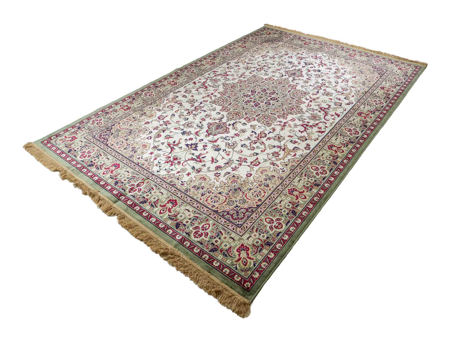 Belgischer, maschinell gefertigter Design Orientteppich aus Kunstseide, grün, creme. 275x185 cm. Verkauf durch Jupiter Intl.