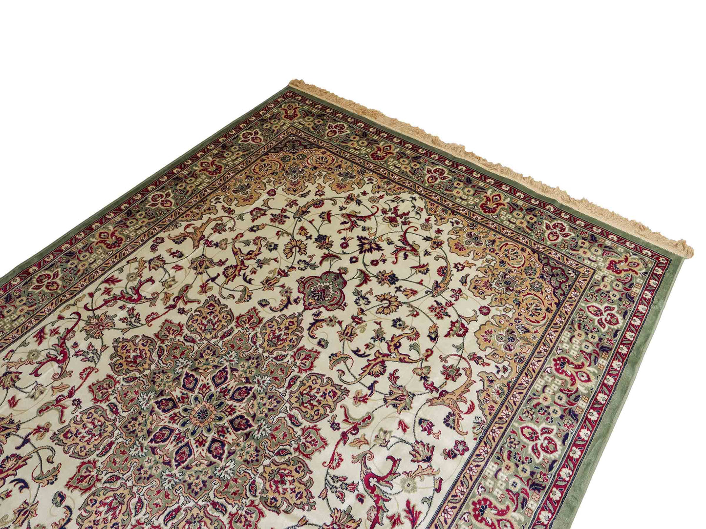 Belgischer, maschinell gefertigter Design Orientteppich aus Kunstseide, grün, creme. 275x185 cm. Verkauf durch Jupiter Intl.