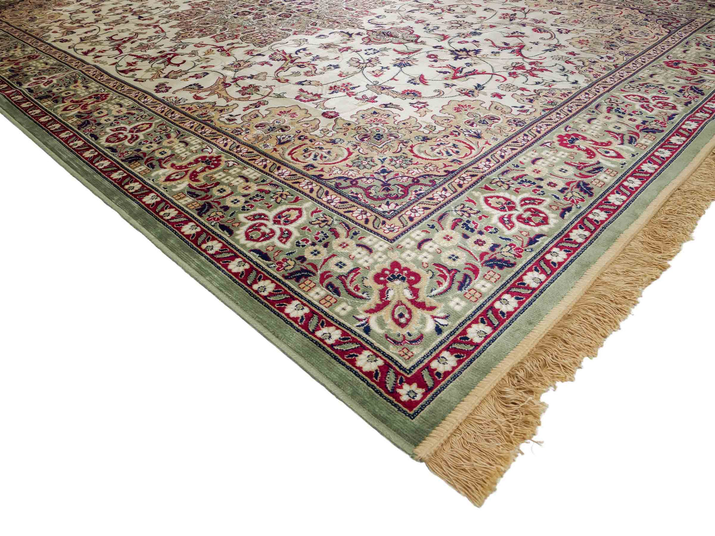 Belgischer, maschinell gefertigter Design Orientteppich aus Kunstseide, grün, creme. 275x185 cm. Verkauf durch Jupiter Intl.