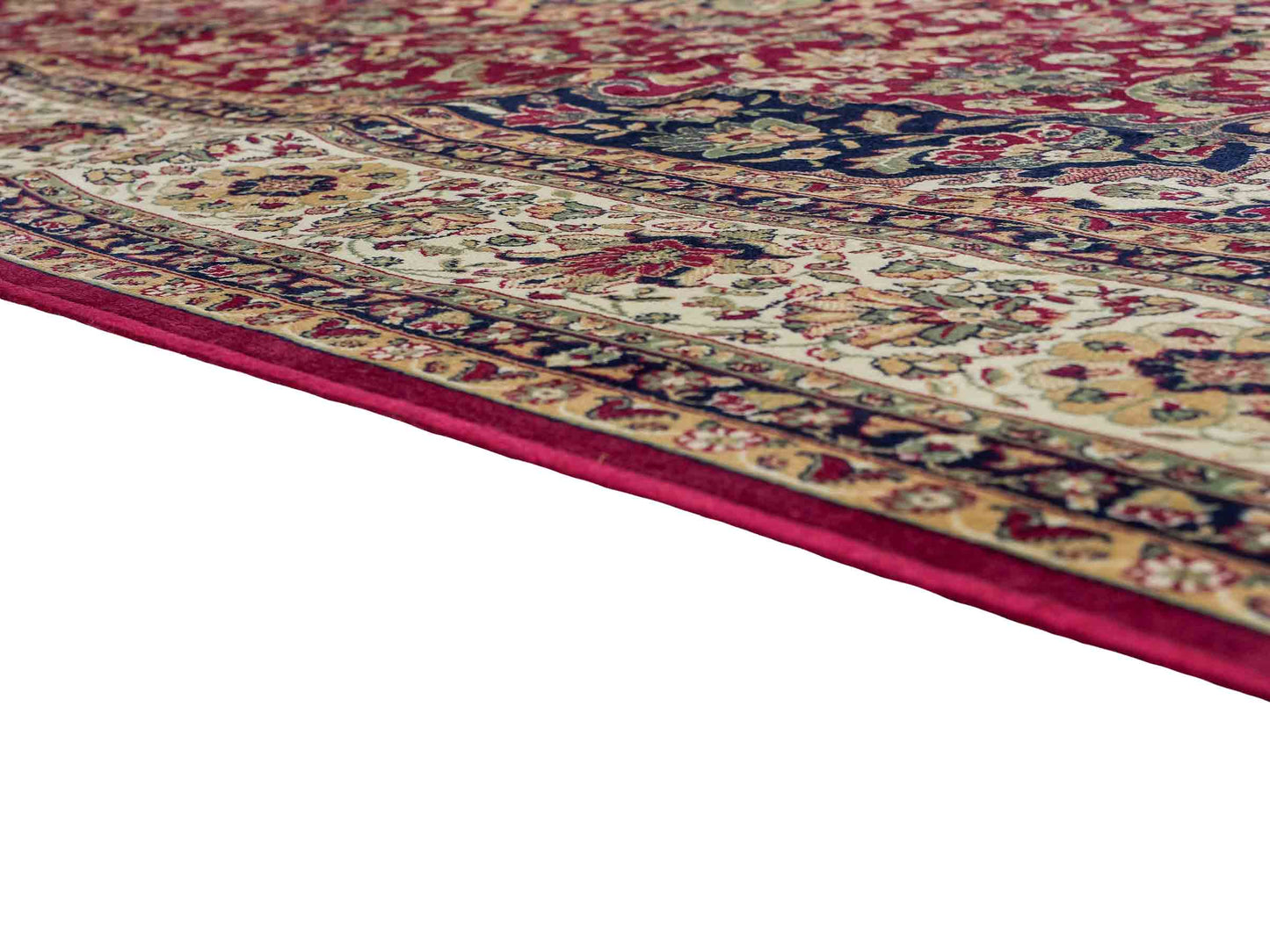 Belgischer, maschinell gefertigter Design Orientteppich aus Kunstseide, rot, creme, blau. 275x185 cm. Verkauf durch Jupiter Intl.