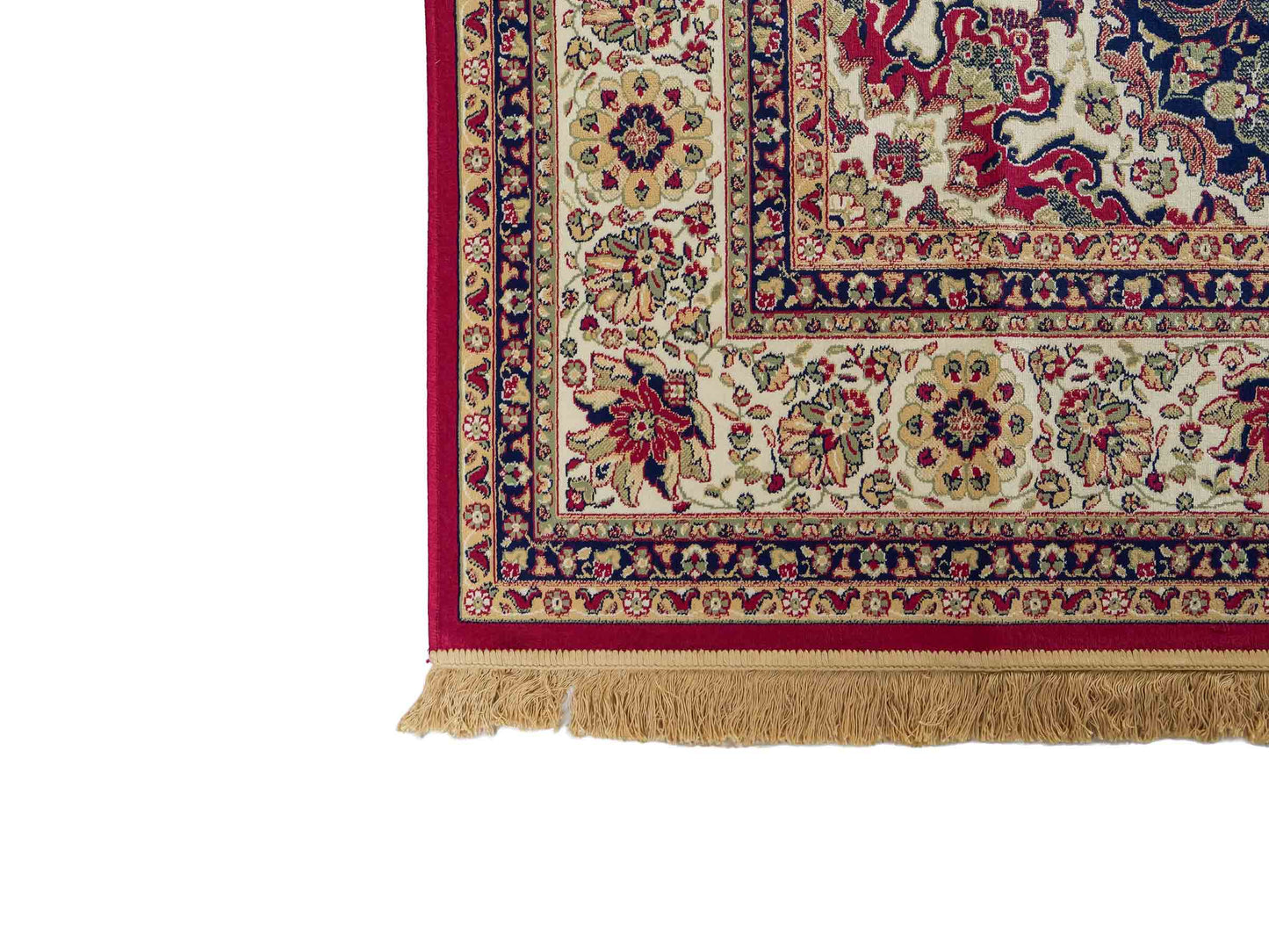 Belgischer, maschinell gefertigter Design Orientteppich aus Kunstseide, rot, creme, blau. 275x185 cm. Verkauf durch Jupiter Intl.