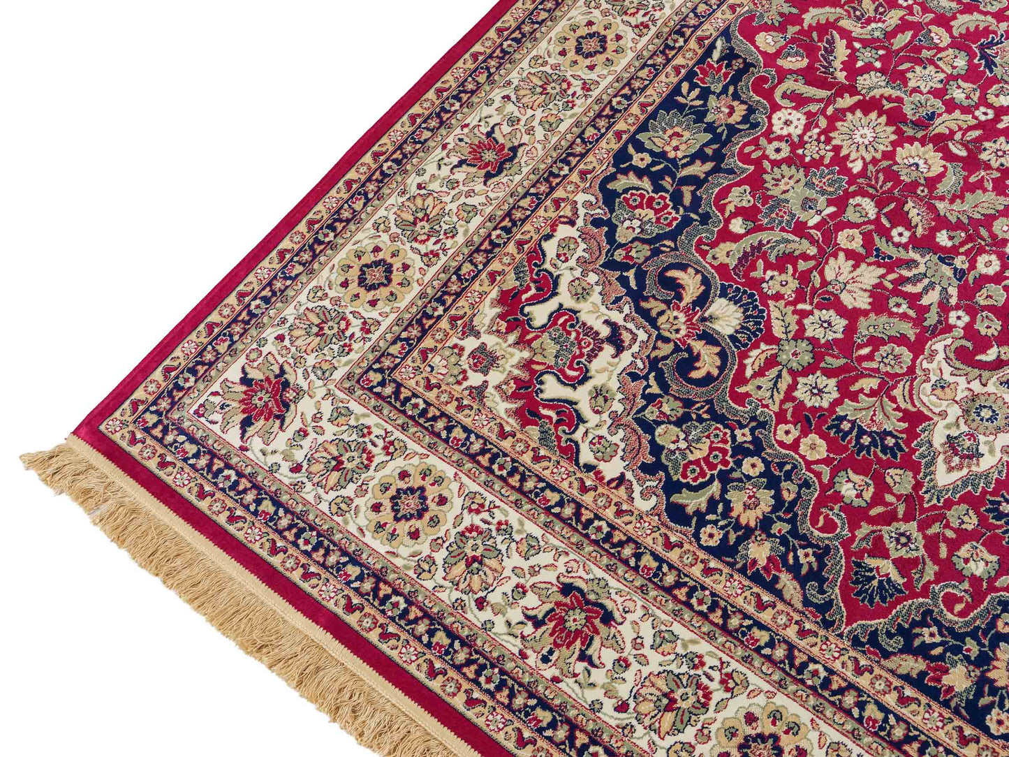 Belgischer, maschinell gefertigter Design Orientteppich aus Kunstseide, rot, creme, blau. 275x185 cm. Verkauf durch Jupiter Intl.