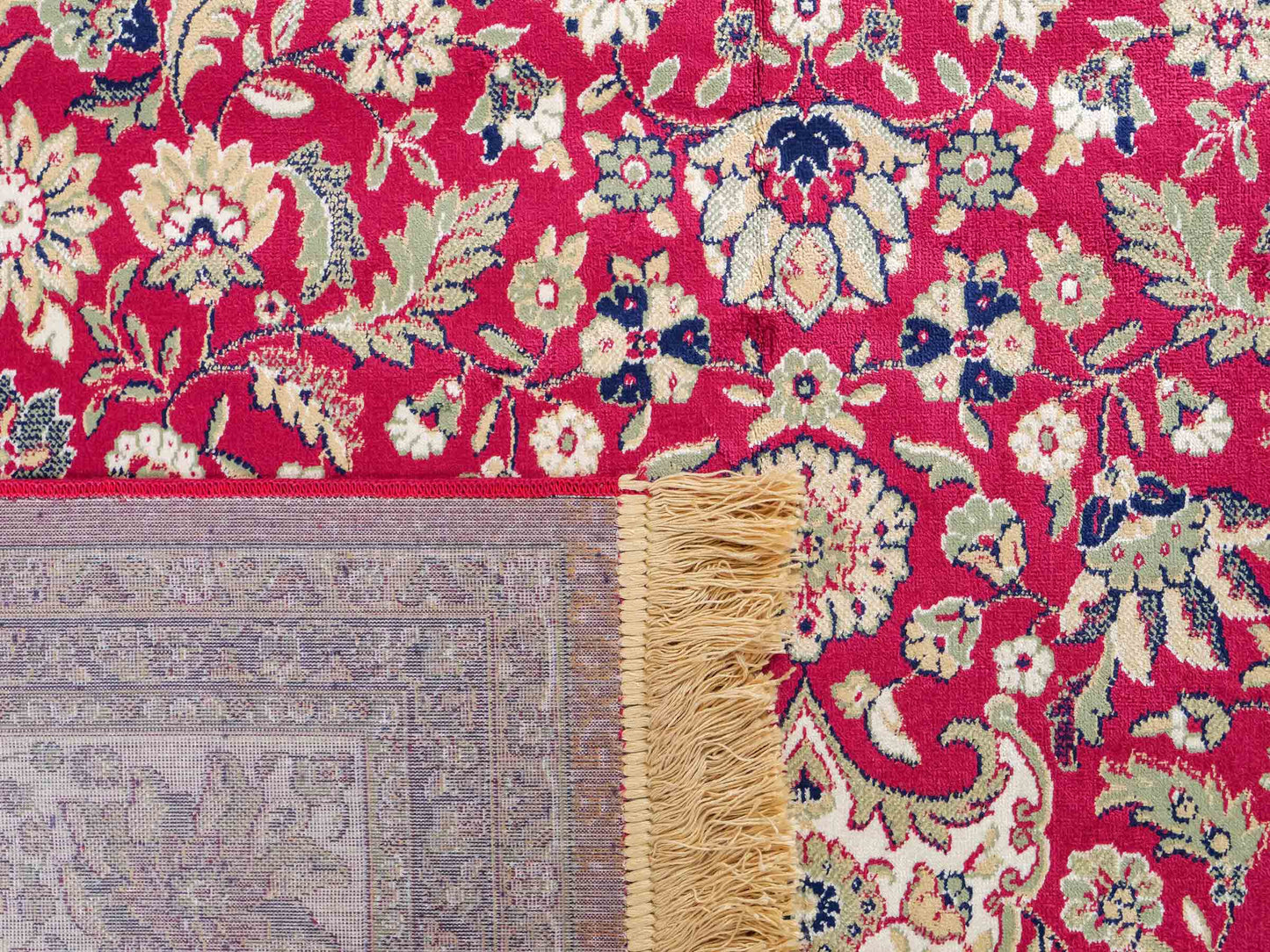 Belgischer, maschinell gefertigter Design Orientteppich aus Kunstseide, rot, creme, blau. 275x185 cm. Verkauf durch Jupiter Intl.