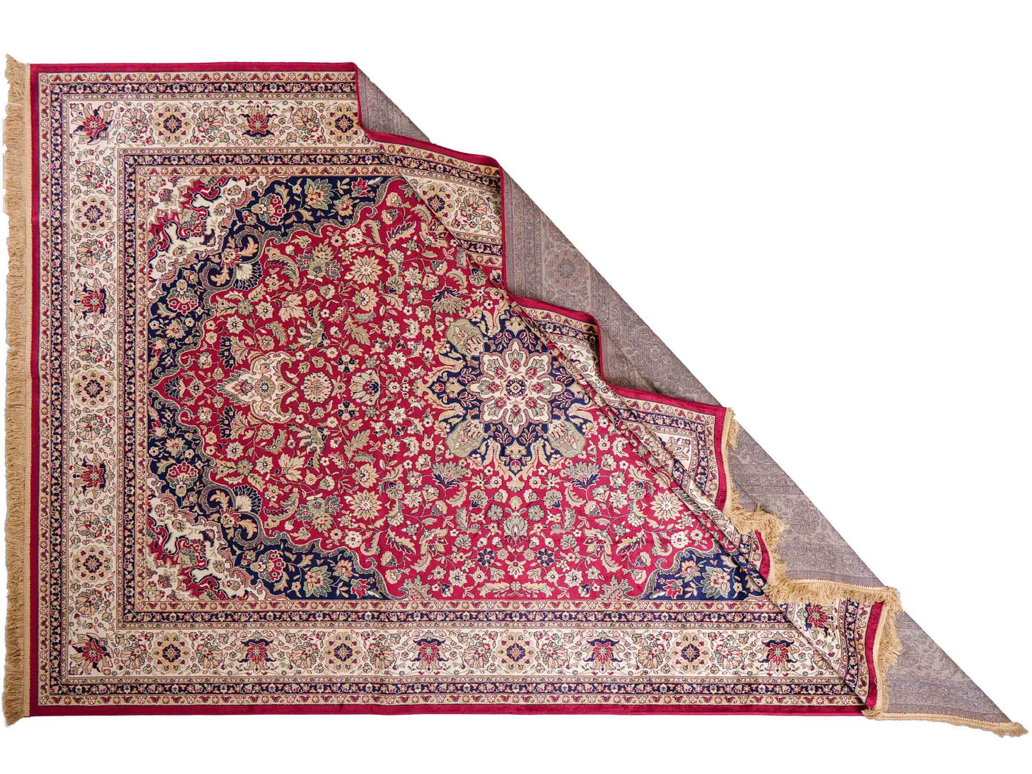 Belgischer, maschinell gefertigter Design Orientteppich aus Kunstseide, rot, creme, blau. 275x185 cm. Verkauf durch Jupiter Intl.