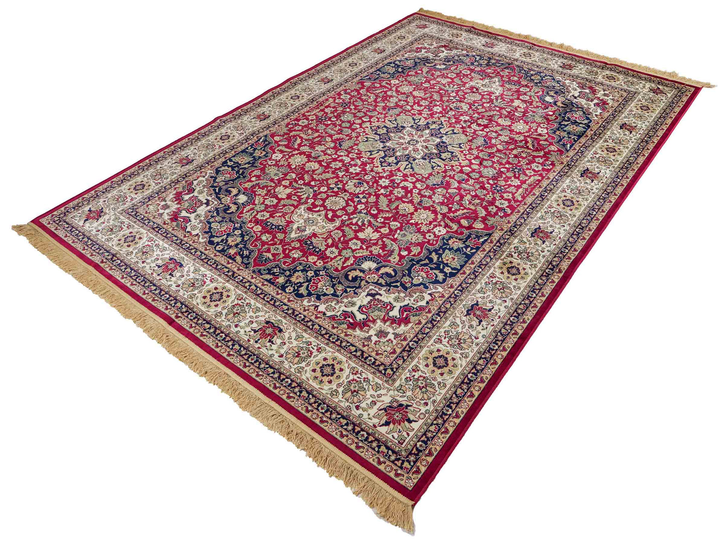 Belgischer, maschinell gefertigter Design Orientteppich aus Kunstseide, rot, creme, blau. 275x185 cm. Verkauf durch Jupiter Intl.