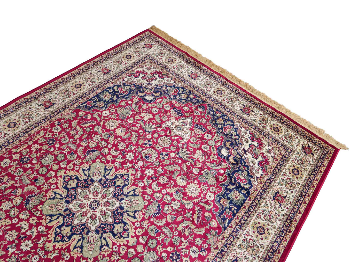 Belgischer, maschinell gefertigter Design Orientteppich aus Kunstseide, rot, creme, blau. 275x185 cm. Verkauf durch Jupiter Intl.