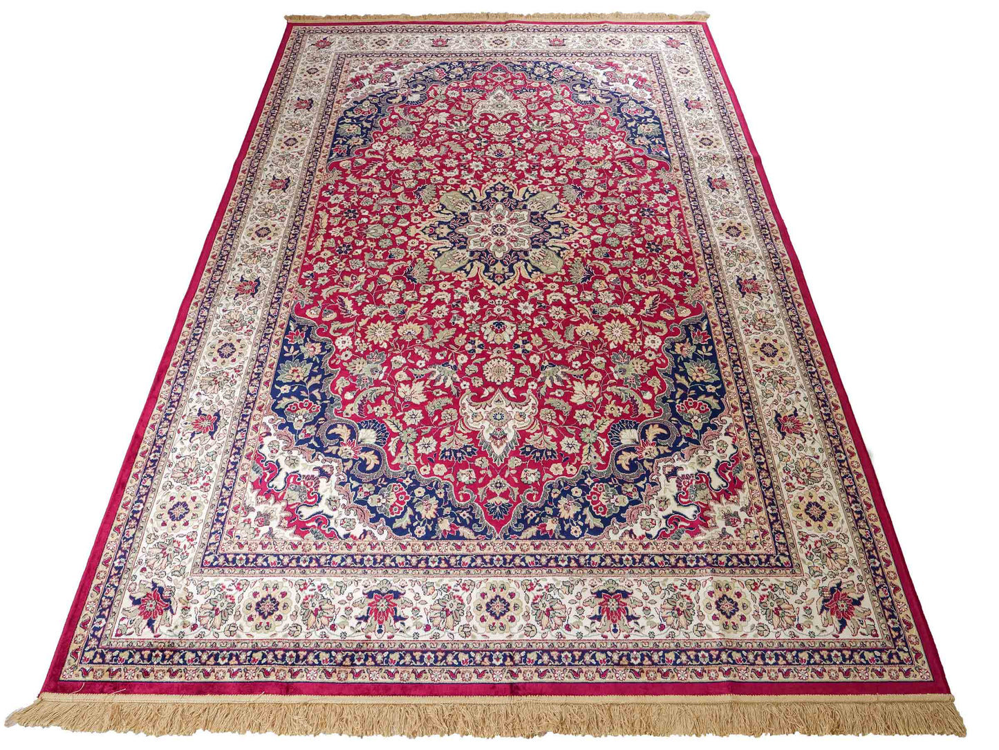 Belgischer, maschinell gefertigter Design Orientteppich aus Kunstseide, rot, creme, blau. 275x185 cm. Verkauf durch Jupiter Intl.