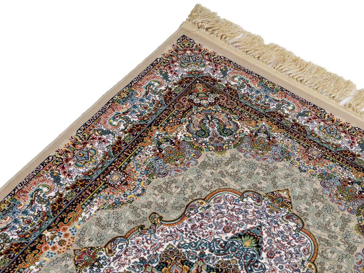 Extrem feiner, maschinell gefertigter Perserteppich, beige, grün, creme. 154x99 cm. Verkauf durch Jupiter Intl.