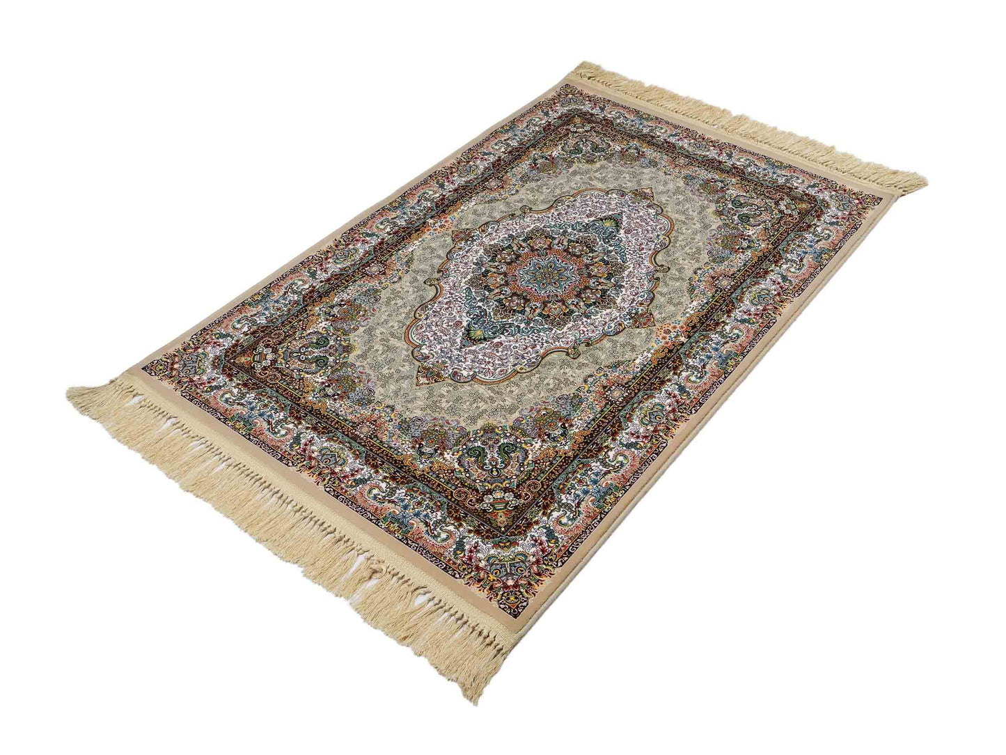Extrem feiner, maschinell gefertigter Perserteppich, beige, grün, creme. 154x99 cm. Verkauf durch Jupiter Intl.