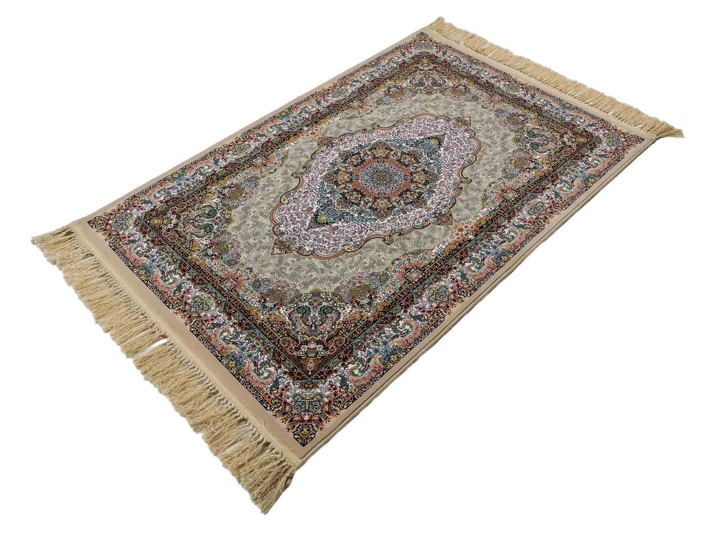Extrem feiner, maschinell gefertigter Perserteppich, beige, grün, creme. 154x99 cm. Verkauf durch Jupiter Intl.