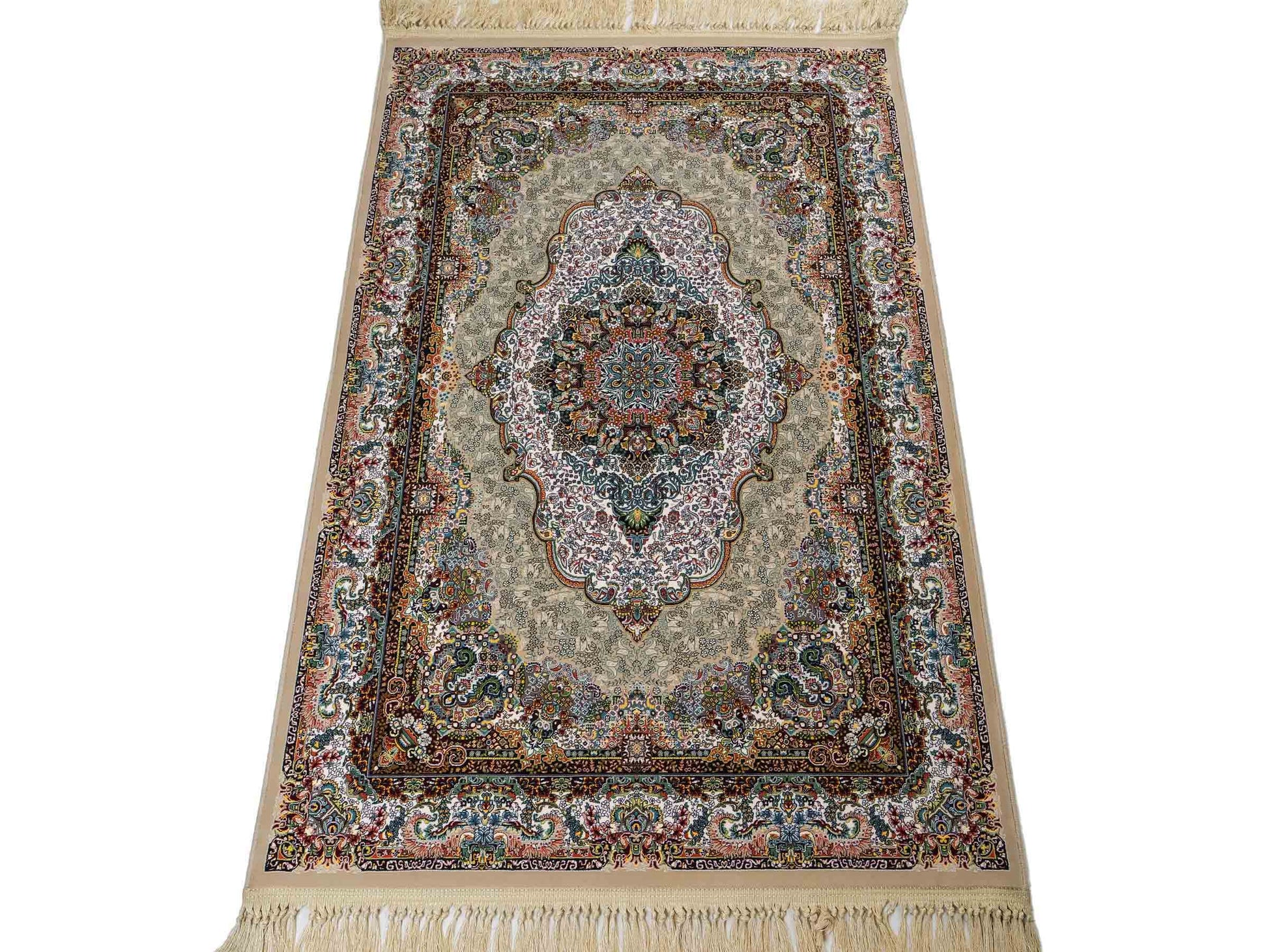 Extrem feiner, maschinell gefertigter Perserteppich, beige, grün, creme. 154x99 cm. Verkauf durch Jupiter Intl.