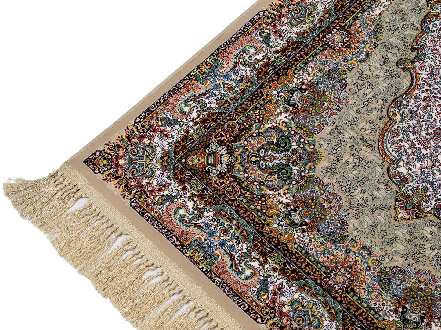 Extrem feiner, maschinell gefertigter Perserteppich, beige, grün, creme. 154x99 cm. Verkauf durch Jupiter Intl.