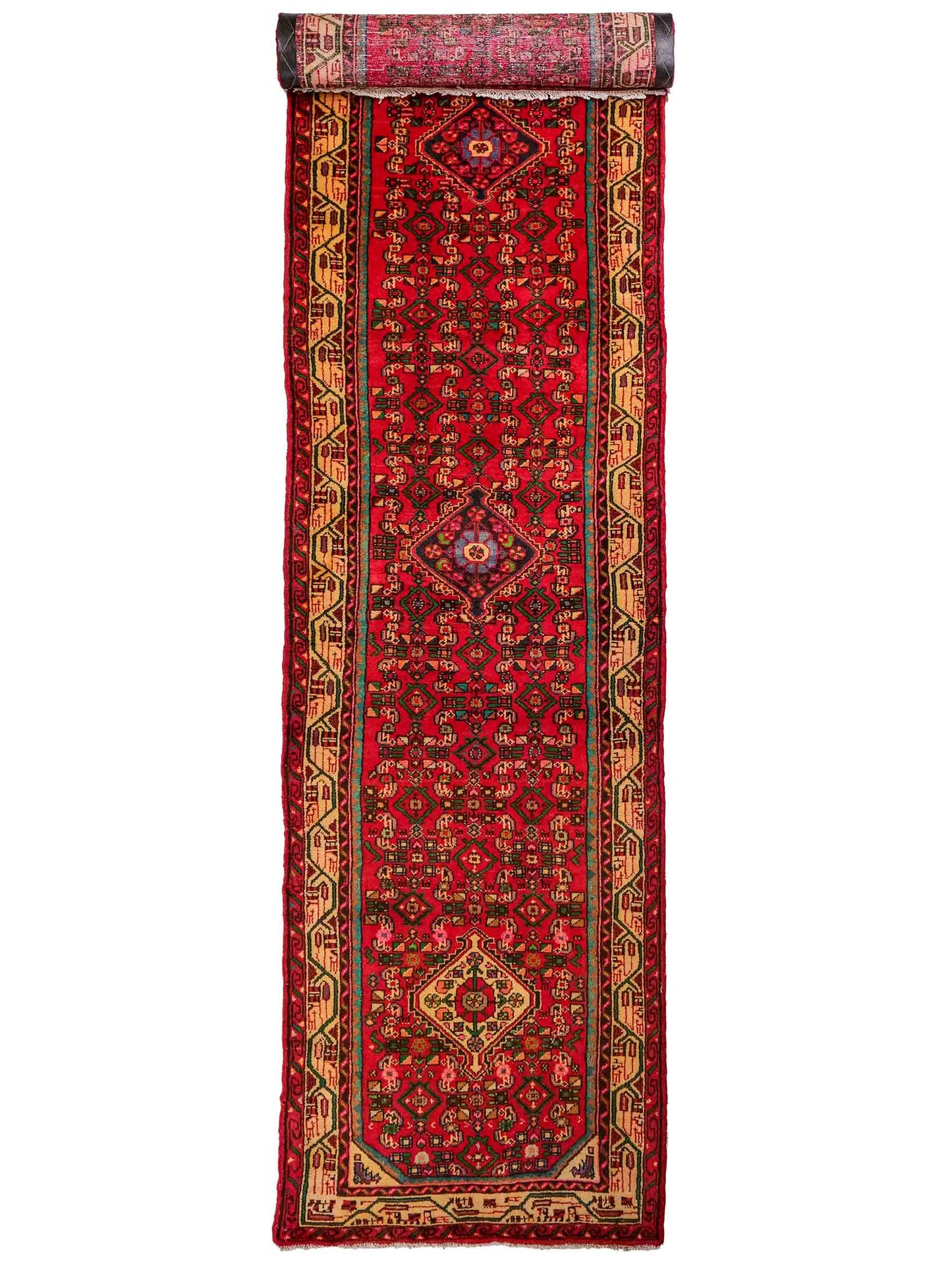 Feiner, handgeknüpfter, persischer Hamedan Dorfteppich aus Wolle von Khademi. Farbe: Rot. 367 x 80 cm. Vertrieb durch JUPITER Intl.