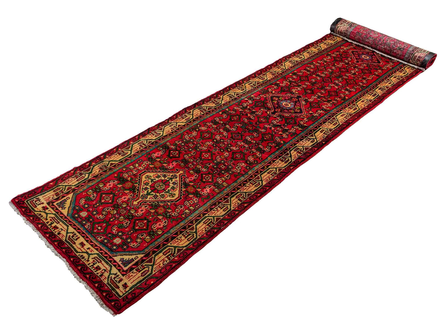 Feiner, handgeknüpfter, persischer Hamedan Dorfteppich aus Wolle von Khademi. Farbe: Rot. 367 x 80 cm. Vertrieb durch JUPITER Intl.