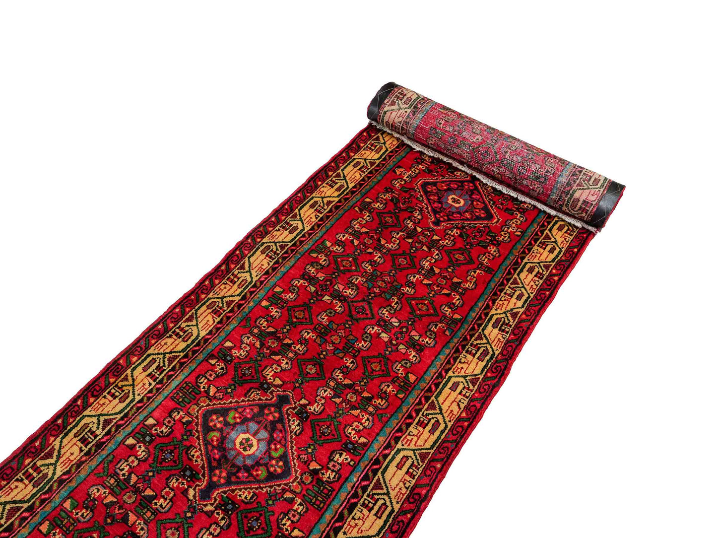 Feiner, handgeknüpfter, persischer Hamedan Dorfteppich aus Wolle von Khademi. Farbe: Rot. 367 x 80 cm. Vertrieb durch JUPITER Intl.