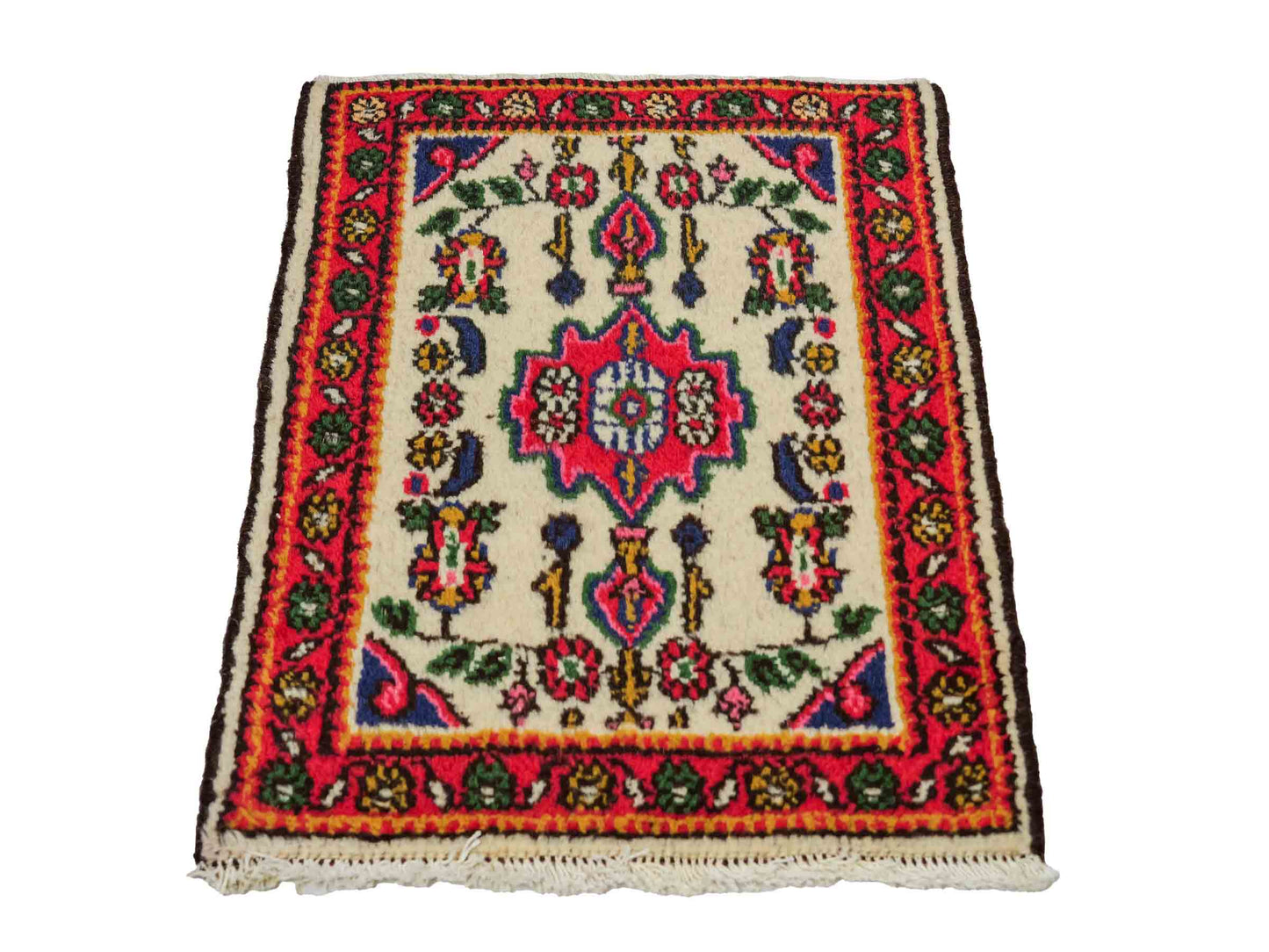 Handgeknüpfter, persischer Hamedan Dorfteppich aus Wolle von Khademi. Größe: 68 x 52 cm. Farbe: Cremeweiß, rot. Verkauf durch JUPITER Intl.