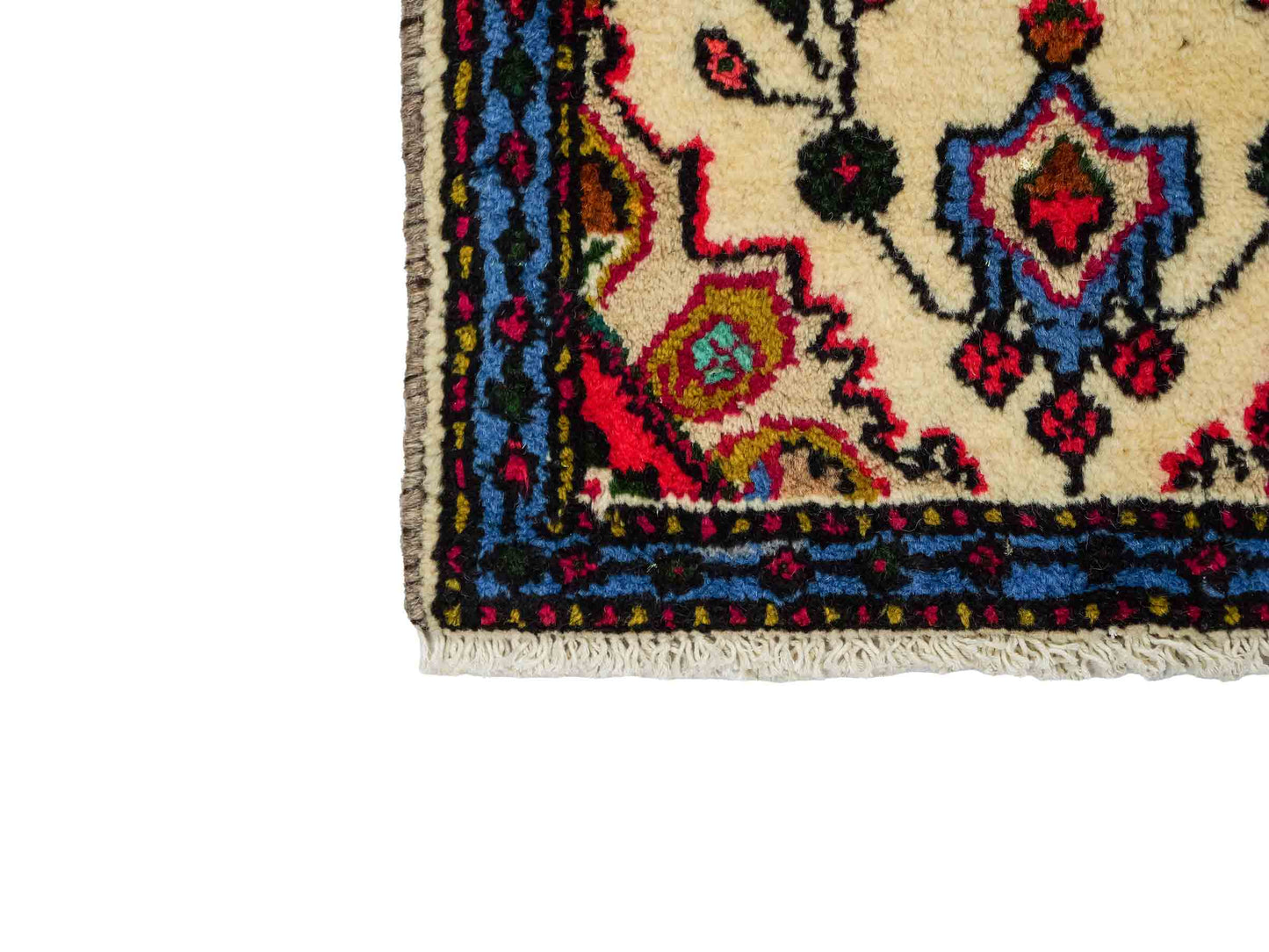 Handgeknüpfter, persischer Hamedan Dorfteppich aus Wolle von Khademi. Größe: 70 x 47 cm. Farbe: Cremeweiß, blau. Verkauf durch JUPITER Intl.