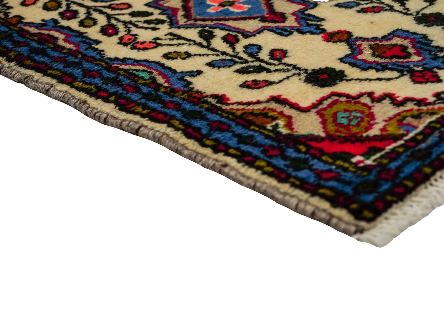 Handgeknüpfter, persischer Hamedan Dorfteppich aus Wolle von Khademi. Größe: 70 x 47 cm. Farbe: Cremeweiß, blau. Verkauf durch JUPITER Intl.