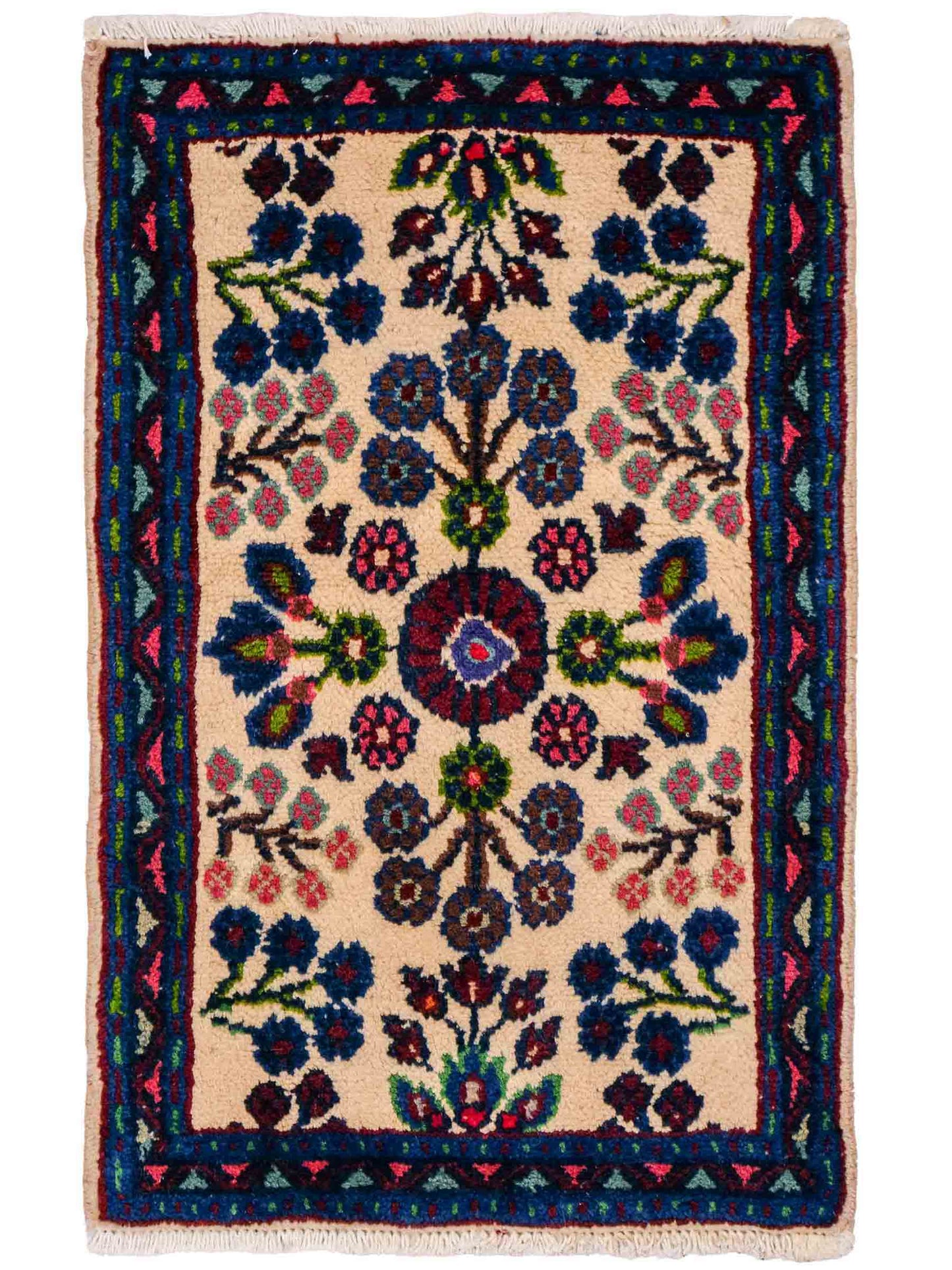 Handgeknüpfter, persischer Hamedan Dorfteppich aus Wolle von Khademi. Größe: 72 x 52 cm. Farbe: Cremeweiß, blau. Verkauf durch JUPITER Intl.