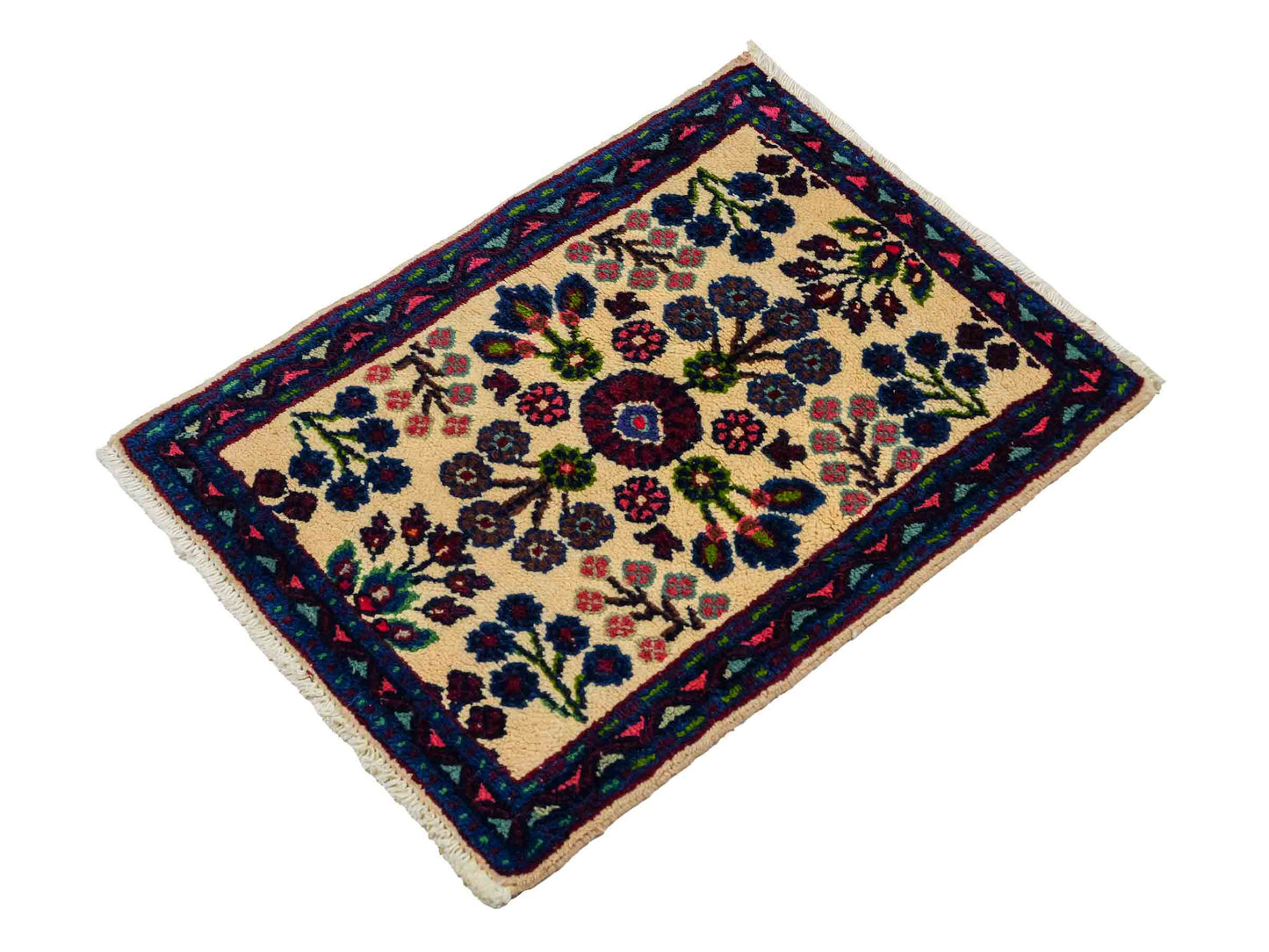 Handgeknüpfter, persischer Hamedan Dorfteppich aus Wolle von Khademi. Größe: 72 x 52 cm. Farbe: Cremeweiß, blau. Verkauf durch JUPITER Intl.