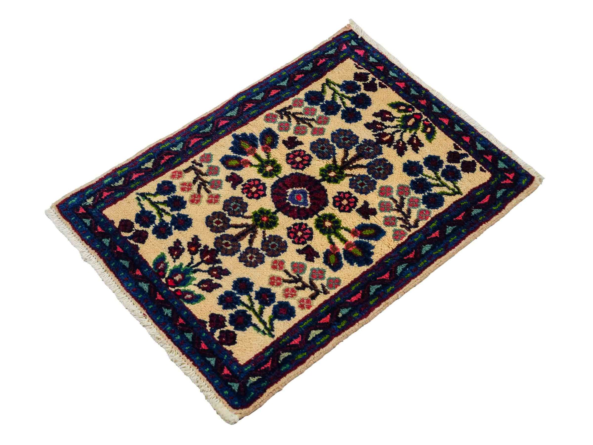 Handgeknüpfter, persischer Hamedan Dorfteppich aus Wolle von Khademi. Größe: 72 x 52 cm. Farbe: Cremeweiß, blau. Verkauf durch JUPITER Intl.