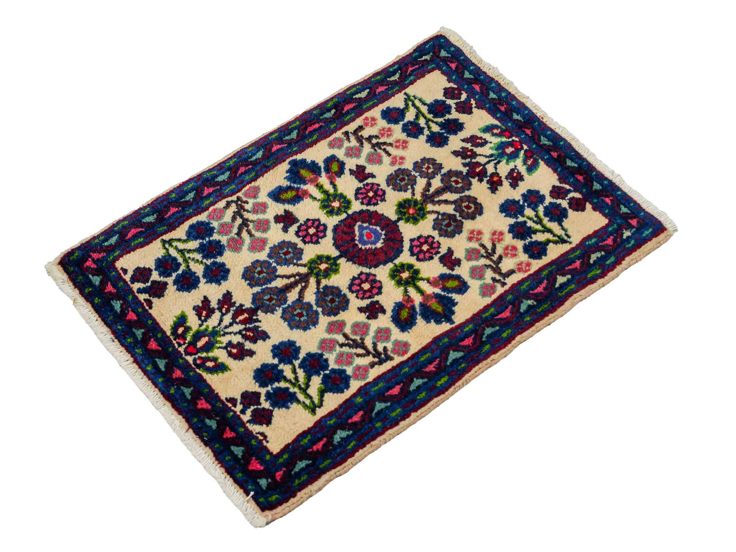 Handgeknüpfter, persischer Hamedan Dorfteppich aus Wolle von Khademi. Größe: 72 x 52 cm. Farbe: Cremeweiß, blau. Verkauf durch JUPITER Intl.