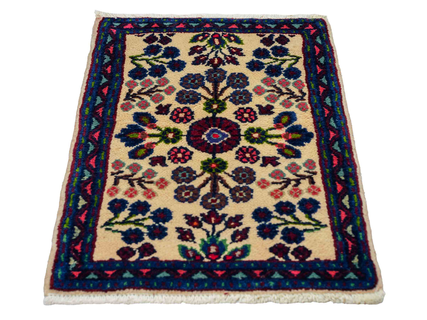 Handgeknüpfter, persischer Hamedan Dorfteppich aus Wolle von Khademi. Größe: 72 x 52 cm. Farbe: Cremeweiß, blau. Verkauf durch JUPITER Intl.