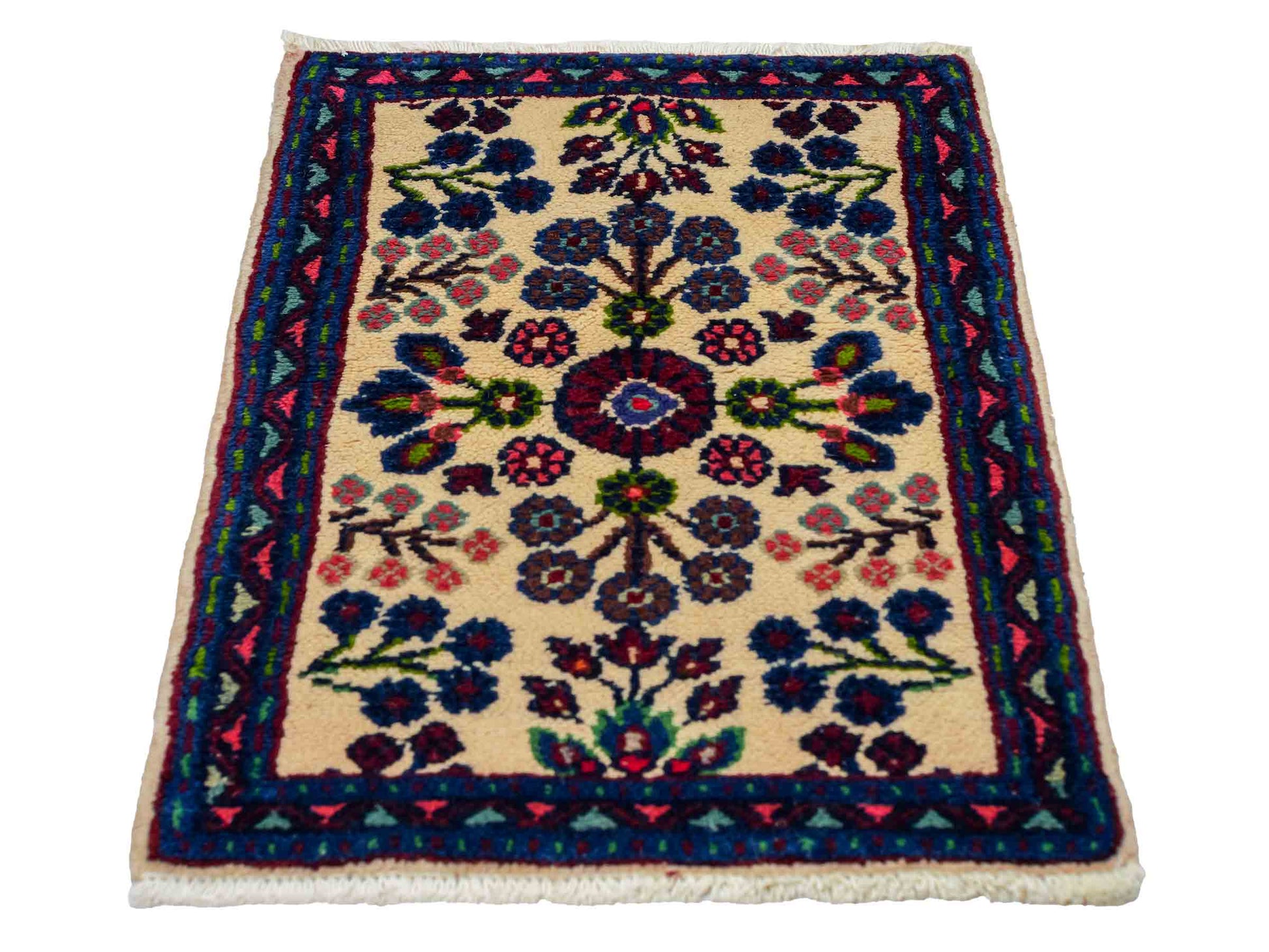 Handgeknüpfter, persischer Hamedan Dorfteppich aus Wolle von Khademi. Größe: 72 x 52 cm. Farbe: Cremeweiß, blau. Verkauf durch JUPITER Intl.