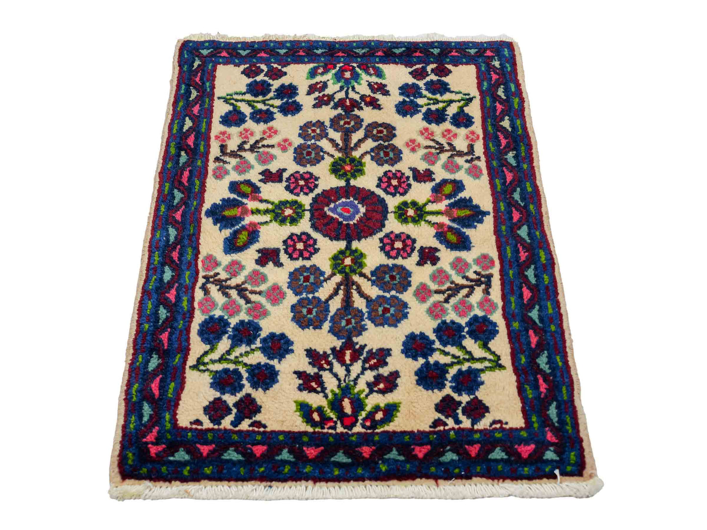 Handgeknüpfter, persischer Hamedan Dorfteppich aus Wolle von Khademi. Größe: 72 x 52 cm. Farbe: Cremeweiß, blau. Verkauf durch JUPITER Intl.