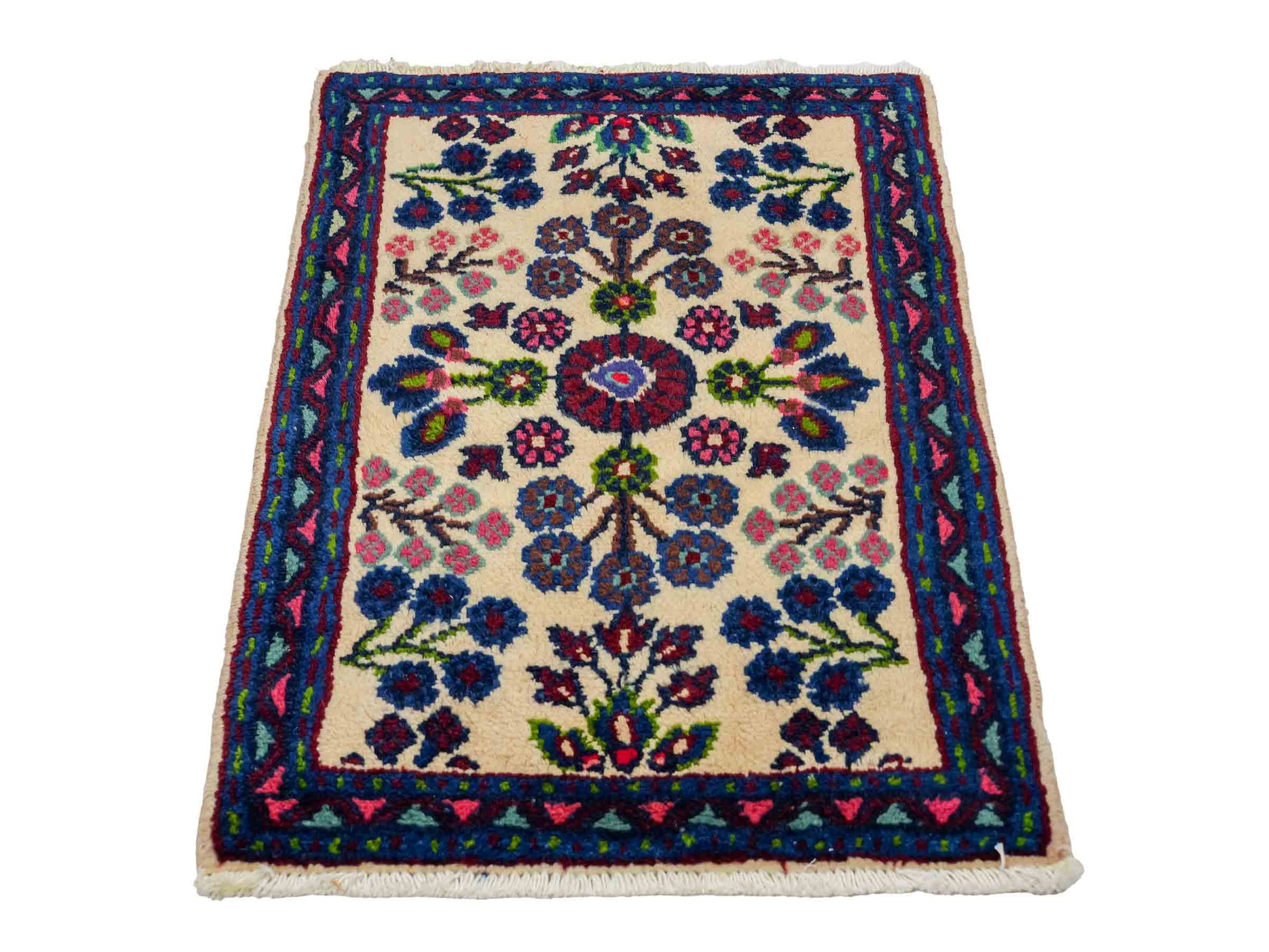 Handgeknüpfter, persischer Hamedan Dorfteppich aus Wolle von Khademi. Größe: 72 x 52 cm. Farbe: Cremeweiß, blau. Verkauf durch JUPITER Intl.