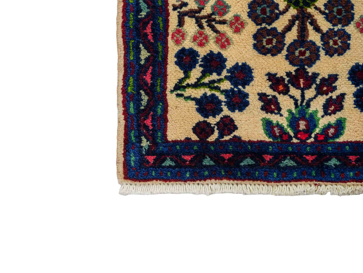 Handgeknüpfter, persischer Hamedan Dorfteppich aus Wolle von Khademi. Größe: 72 x 52 cm. Farbe: Cremeweiß, blau. Verkauf durch JUPITER Intl.