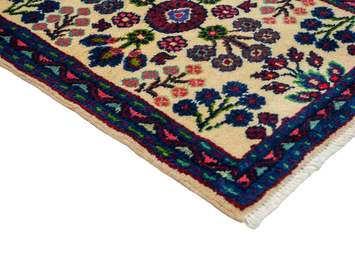 Handgeknüpfter, persischer Hamedan Dorfteppich aus Wolle von Khademi. Größe: 72 x 52 cm. Farbe: Cremeweiß, blau. Verkauf durch JUPITER Intl.