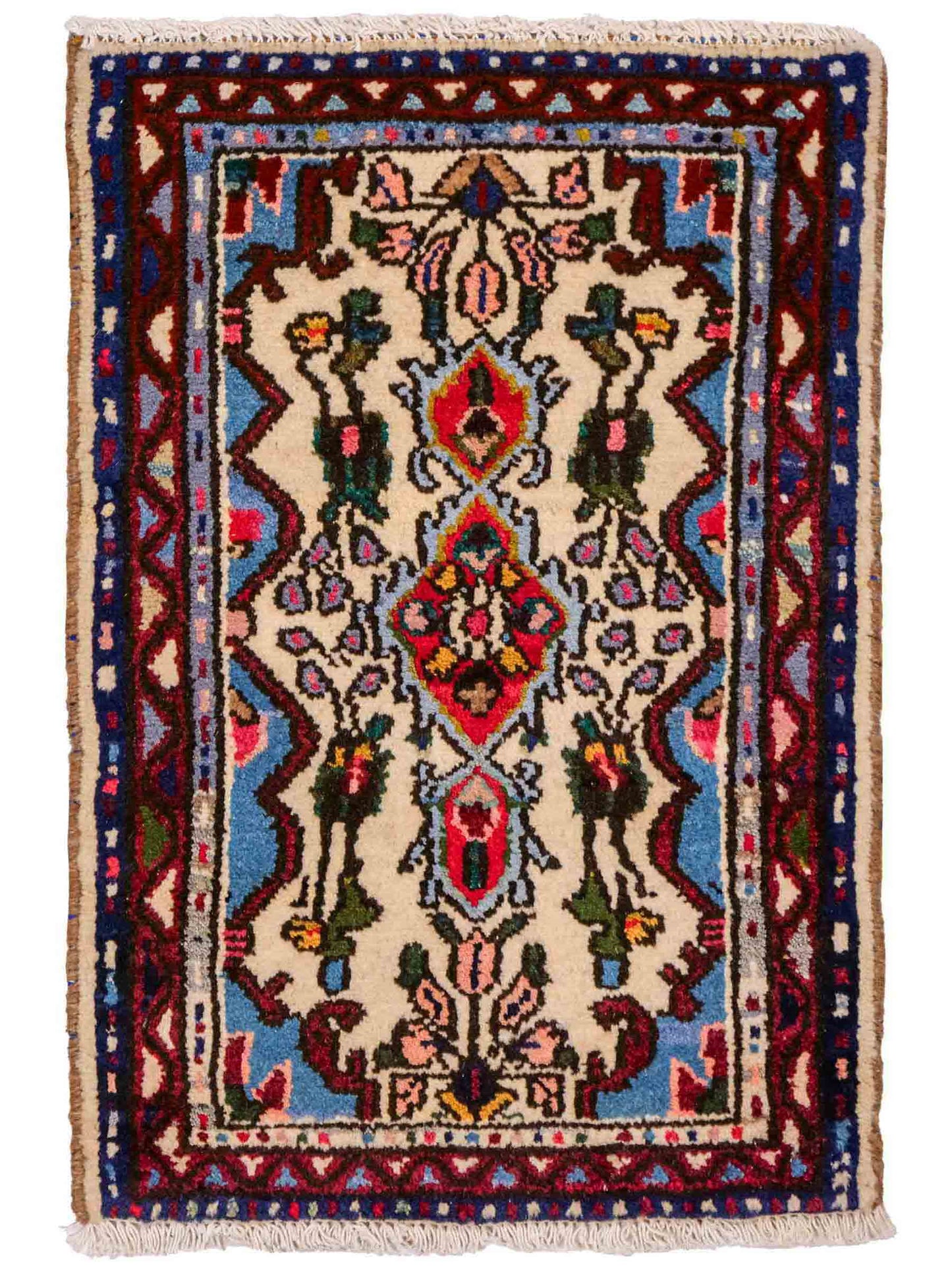 Handgeknüpfter, persischer Hamedan Dorfteppich aus Wolle von Khademi. Größe: 73 x 53 cm. Farbe: Cremeweiß, blau, rot. Verkauf durch JUPITER Intl.