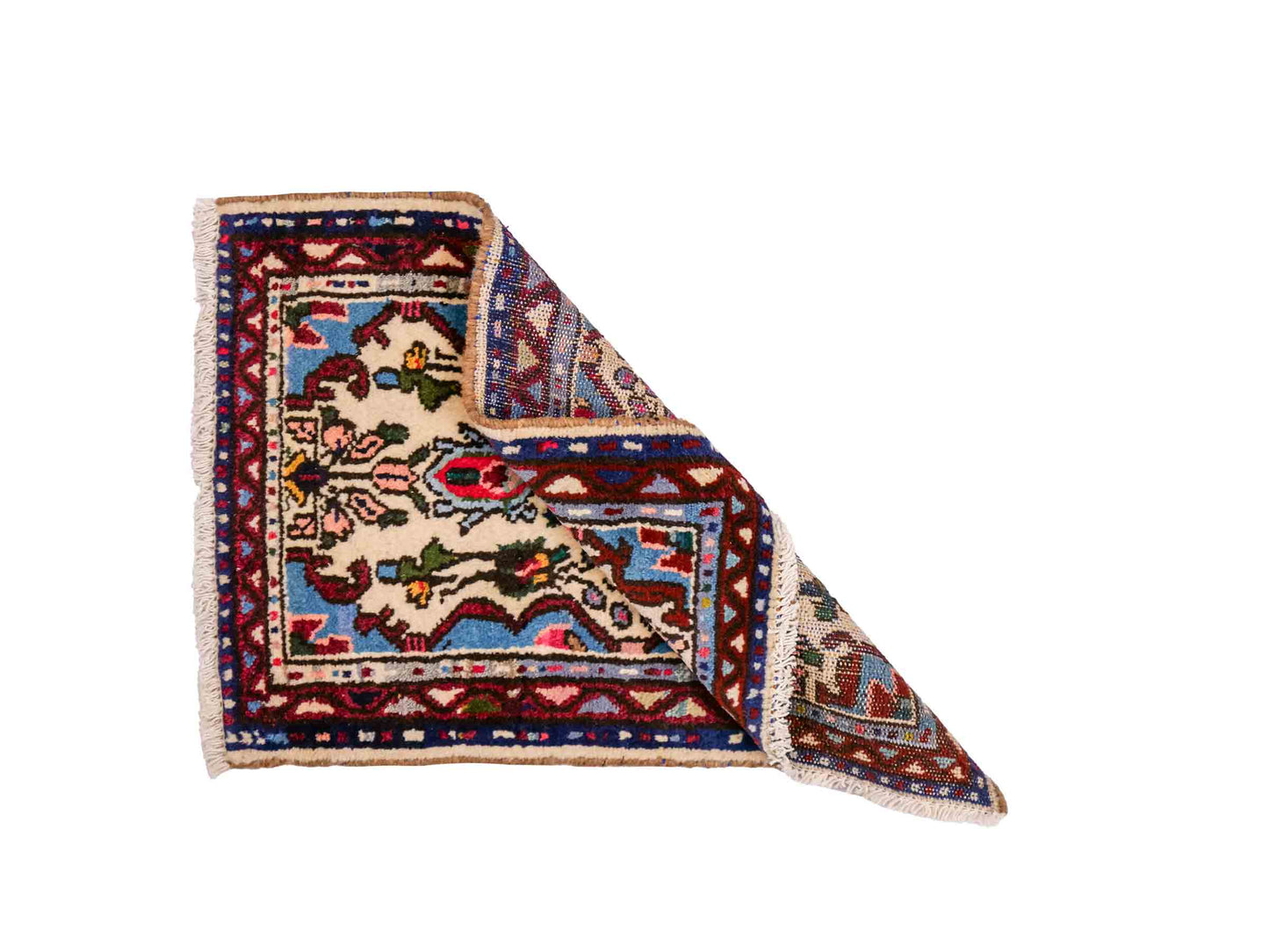 Handgeknüpfter, persischer Hamedan Dorfteppich aus Wolle von Khademi. Größe: 73 x 53 cm. Farbe: Cremeweiß, blau, rot. Verkauf durch JUPITER Intl.