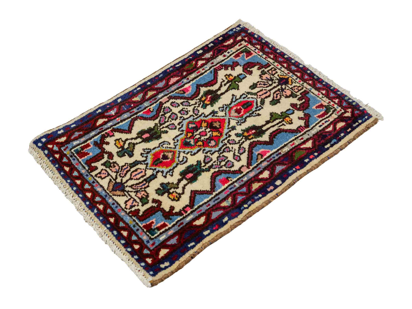 Handgeknüpfter, persischer Hamedan Dorfteppich aus Wolle von Khademi. Größe: 73 x 53 cm. Farbe: Cremeweiß, blau, rot. Verkauf durch JUPITER Intl.