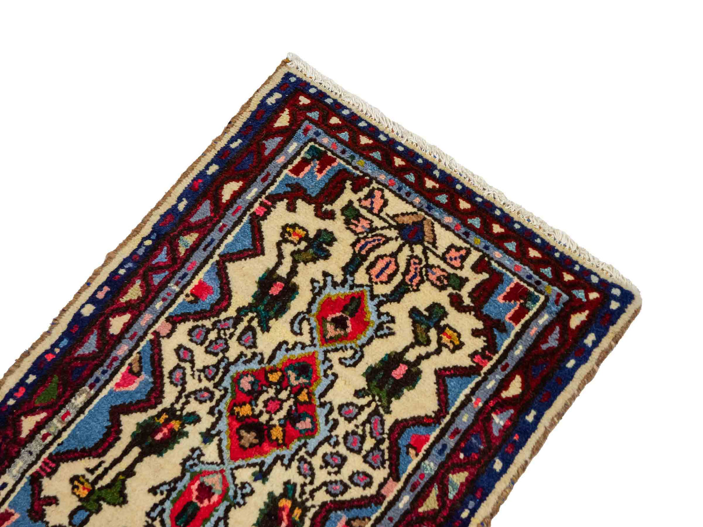Handgeknüpfter, persischer Hamedan Dorfteppich aus Wolle von Khademi. Größe: 73 x 53 cm. Farbe: Cremeweiß, blau, rot. Verkauf durch JUPITER Intl.
