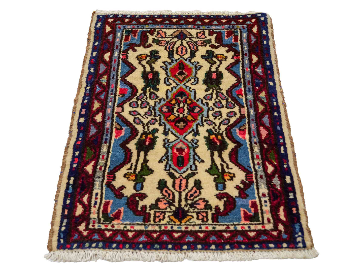 Handgeknüpfter, persischer Hamedan Dorfteppich aus Wolle von Khademi. Größe: 73 x 53 cm. Farbe: Cremeweiß, blau, rot. Verkauf durch JUPITER Intl.